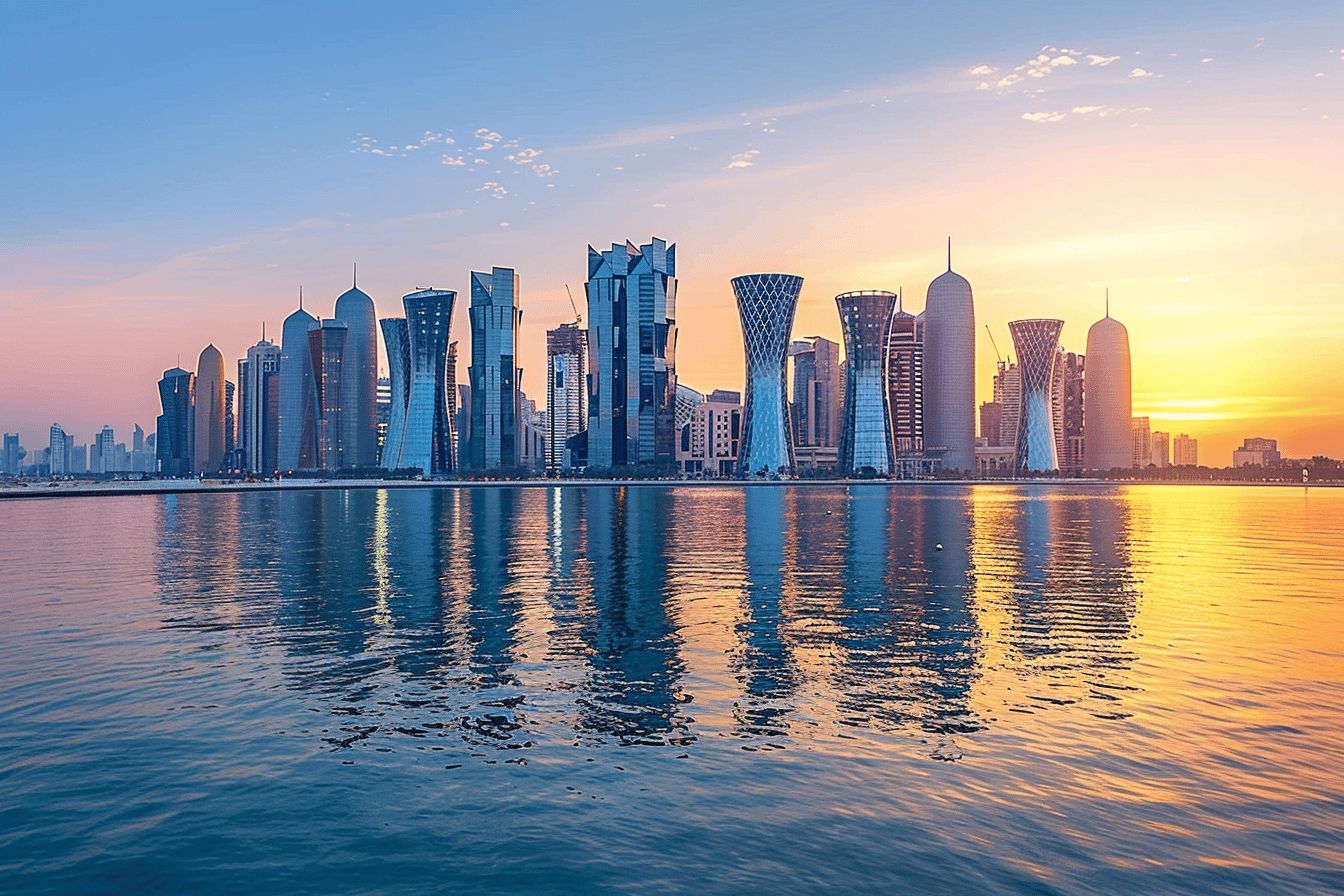 Vue panoramique de la skyline de Doha  
Architecture moderne illuminée de Doha au crépuscule
