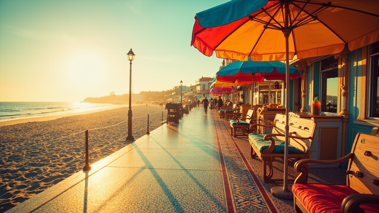 Paysage de Deauville avec plage et parasols  
Vue de Deauville avec casino et mer